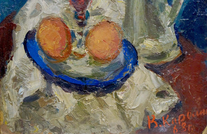 Oil painting Still life Karelin Vyacheslav: vibrant blue bowl with two orange fruits