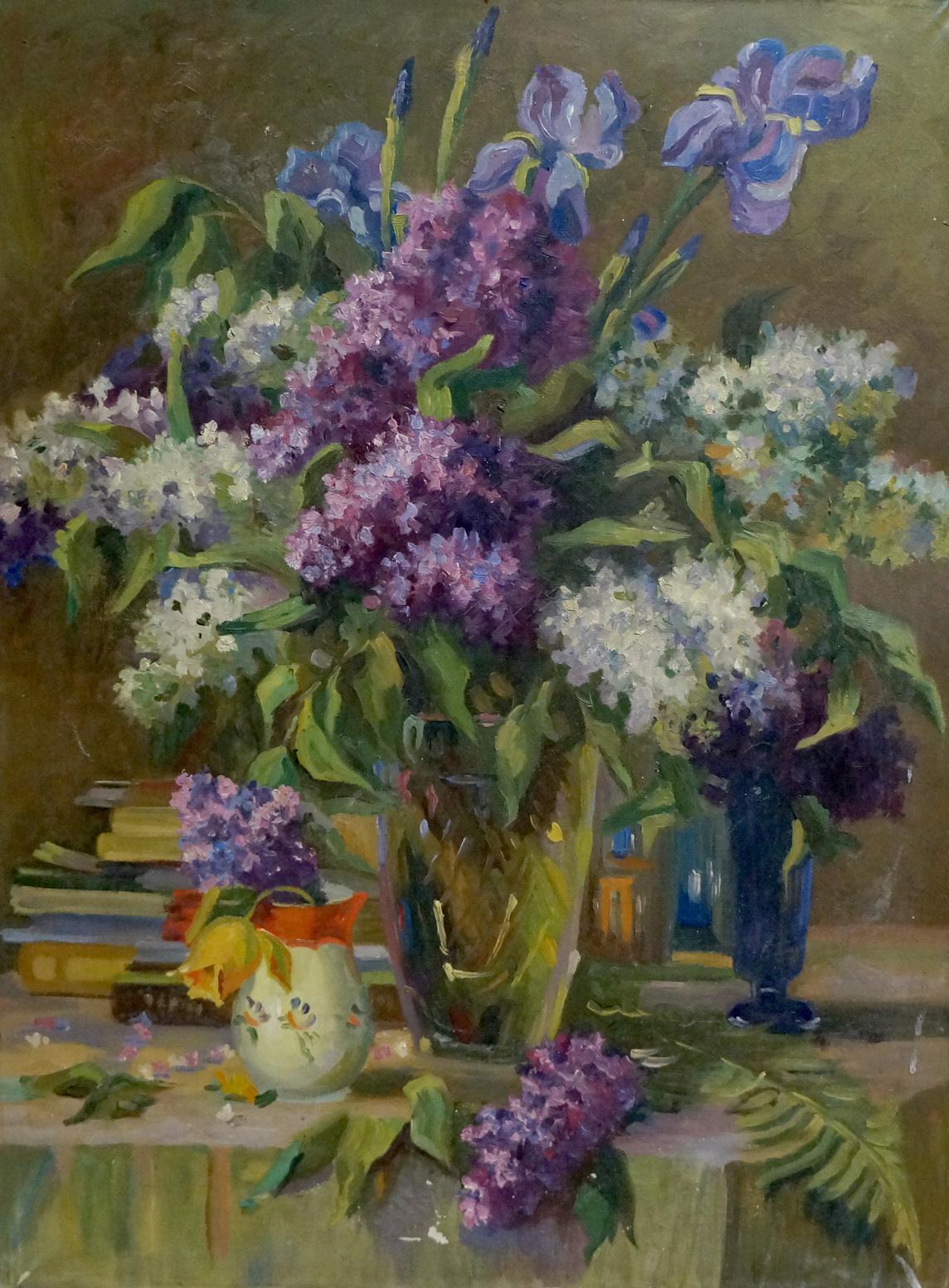 Oil painting of vibrant purple and white lilacs in glass vase by unknown artist