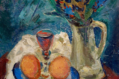 Oil painting Still life Karelin Vyacheslav: cream ceramic pitcher with colorful flowers