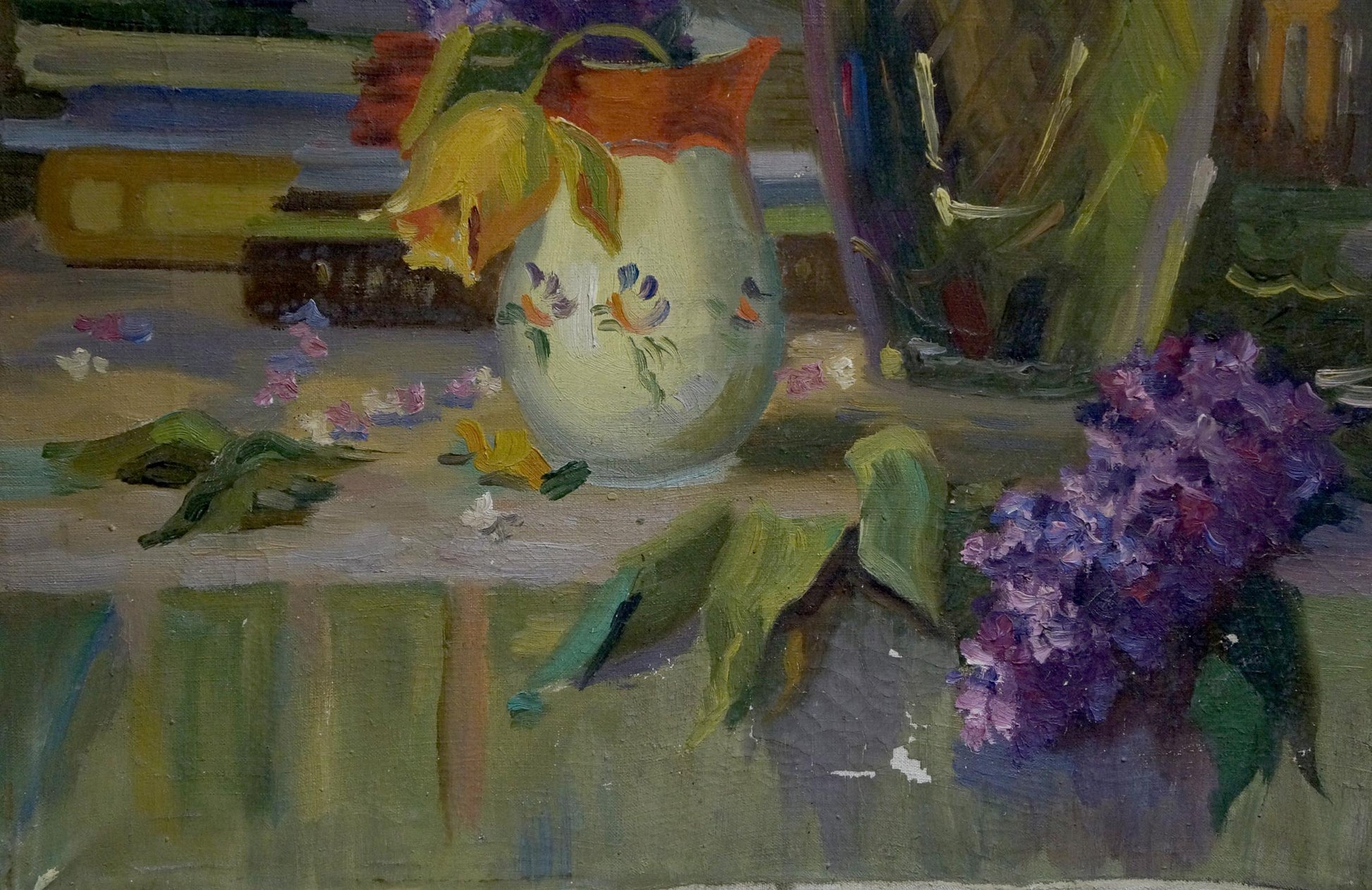 Cream vase with red rim, floral decals, wilted tulips in oil painting lilac decor