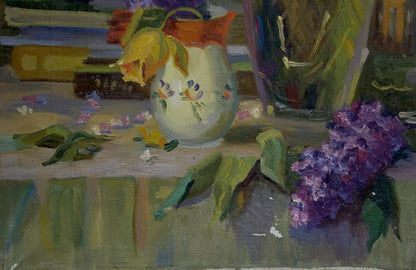 Cream vase with red rim, floral decals, wilted tulips in oil painting lilac decor
