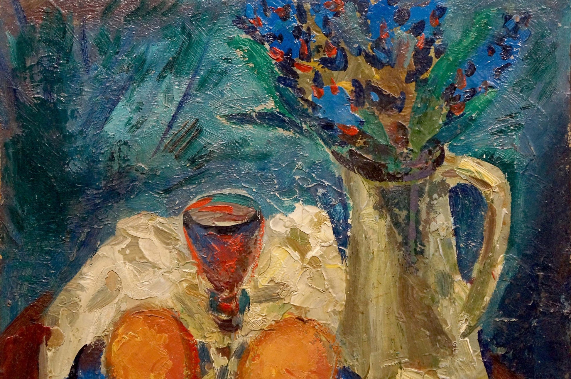 Oil painting Still life Karelin Vyacheslav: cream pitcher with blue purple flowers