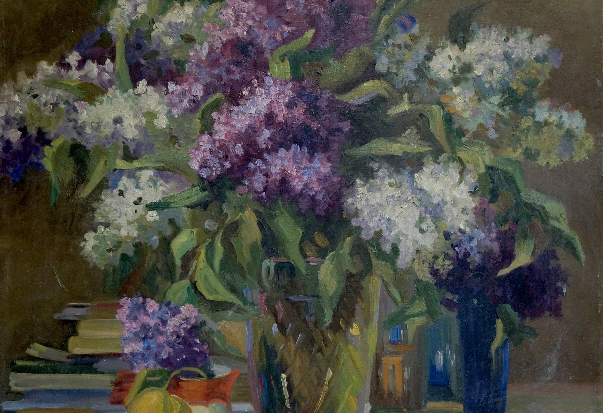 Oil painting of vibrant lilac bouquet in purple and white in glass vase