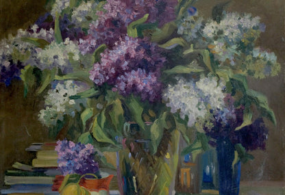 Oil painting of vibrant lilac bouquet in purple and white in glass vase