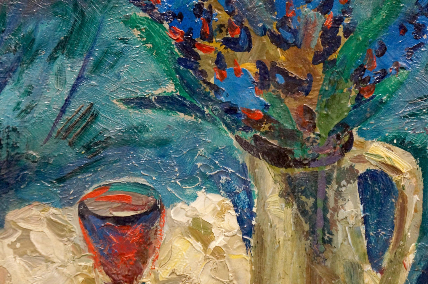 Oil painting Still life Karelin Vyacheslav: cream vase with blue red flowers