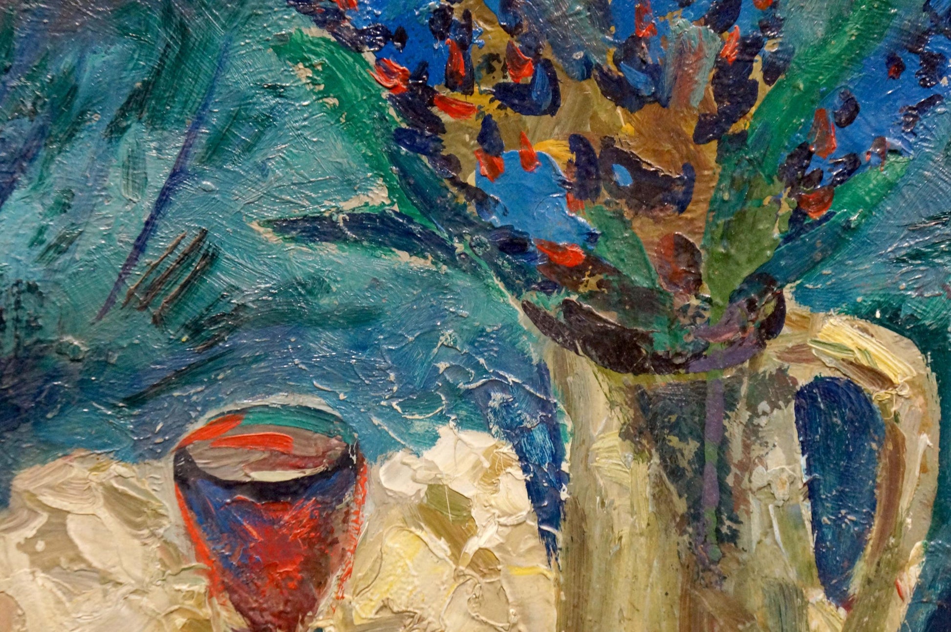 Oil painting Still life Karelin Vyacheslav: cream vase with blue red flowers