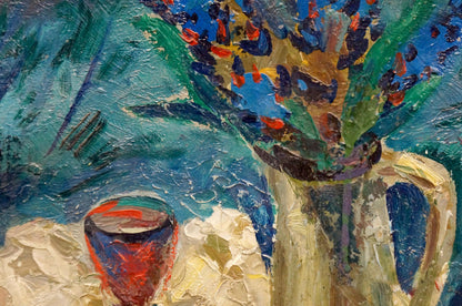 Oil painting Still life Karelin Vyacheslav: cream vase with blue red flowers