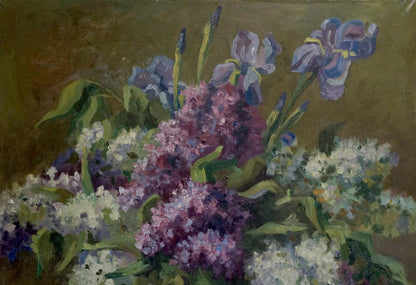 Vibrant oil painting of lilacs and irises decorating table by unknown artist