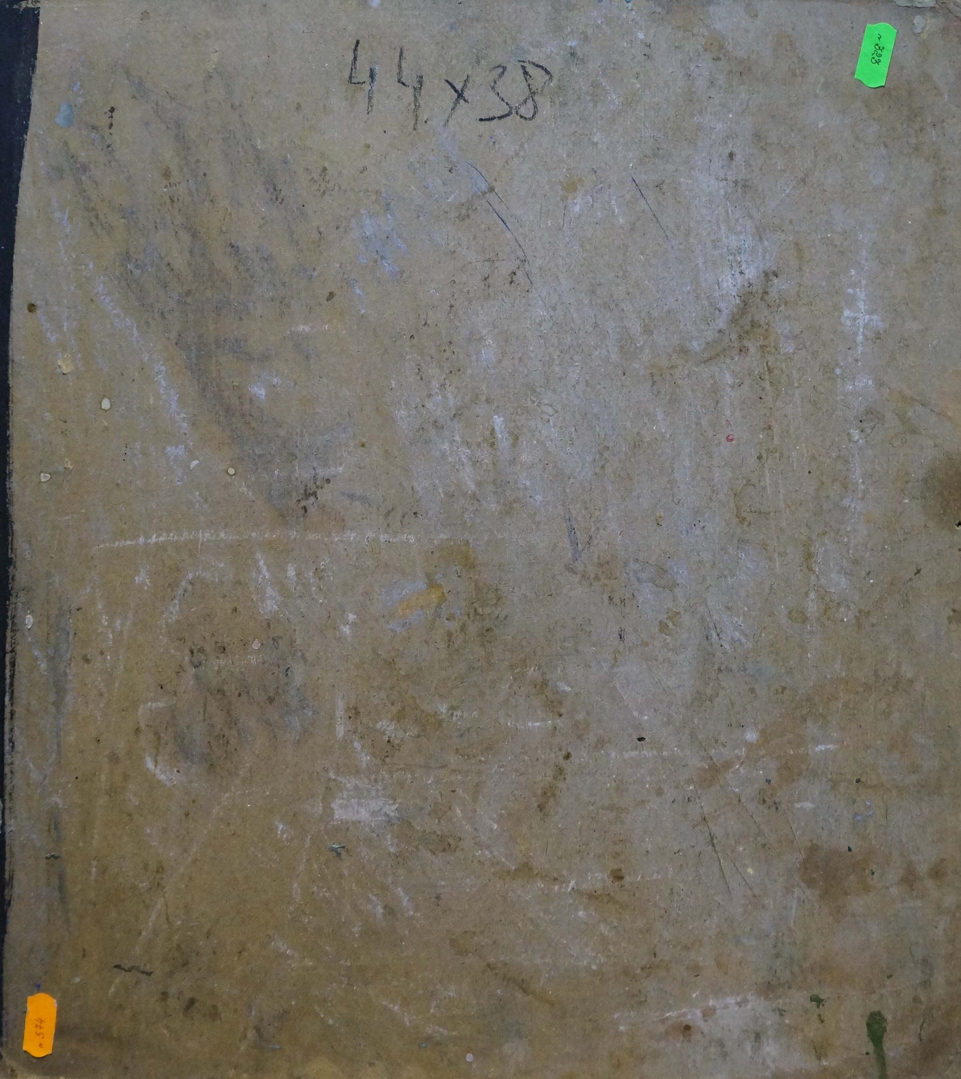 Back of oil painting Still life by Karelin Vyacheslav with worn beige canvas and green price tag