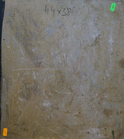 Back of oil painting Still life by Karelin Vyacheslav with worn beige canvas and green price tag