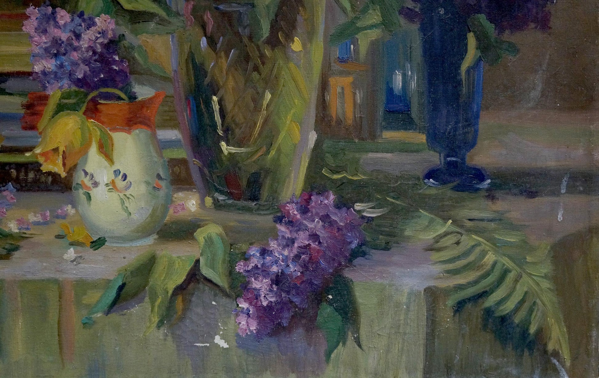 Oil painting of purple lilacs in light green floral ceramic vase