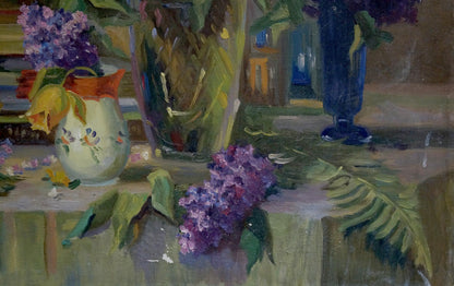 Oil painting of purple lilacs in light green floral ceramic vase