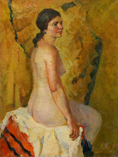 Oil painting of tender female figure with dark braid by Maria Titarenko