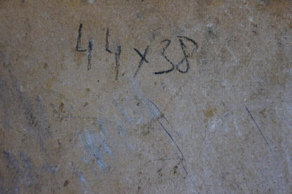 Back of oil painting Still life Karelin Vyacheslav with 44 x 38 chalk marking on beige concrete