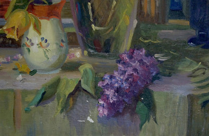 Light green vase with tulips in oil painting Lilac decorates table scene