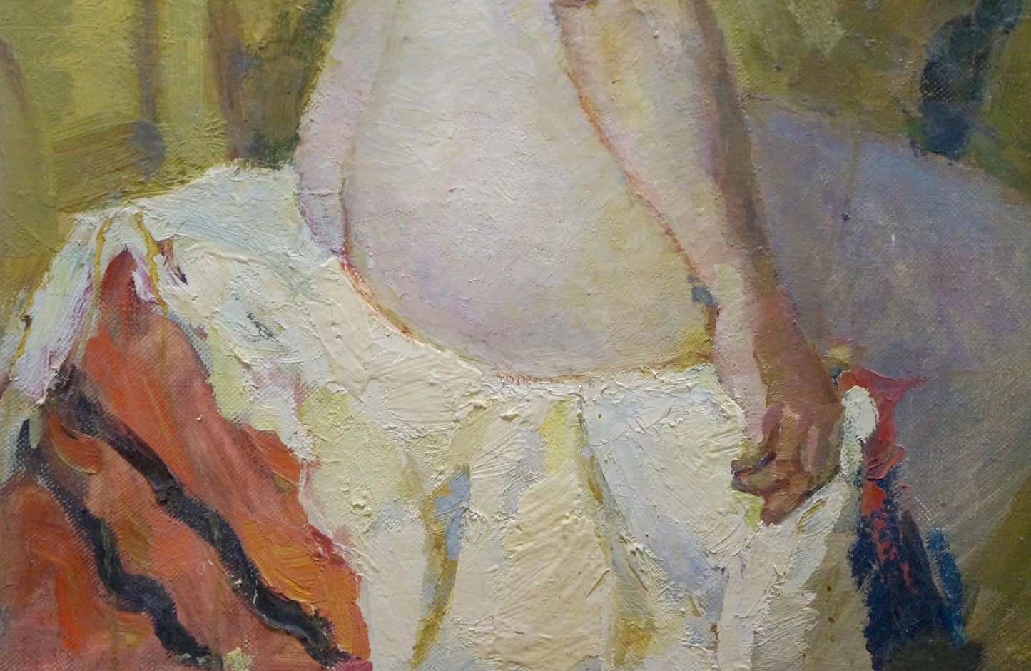 Oil painting by Maria Titarenko: textured impressionistic tender female figure in white garment