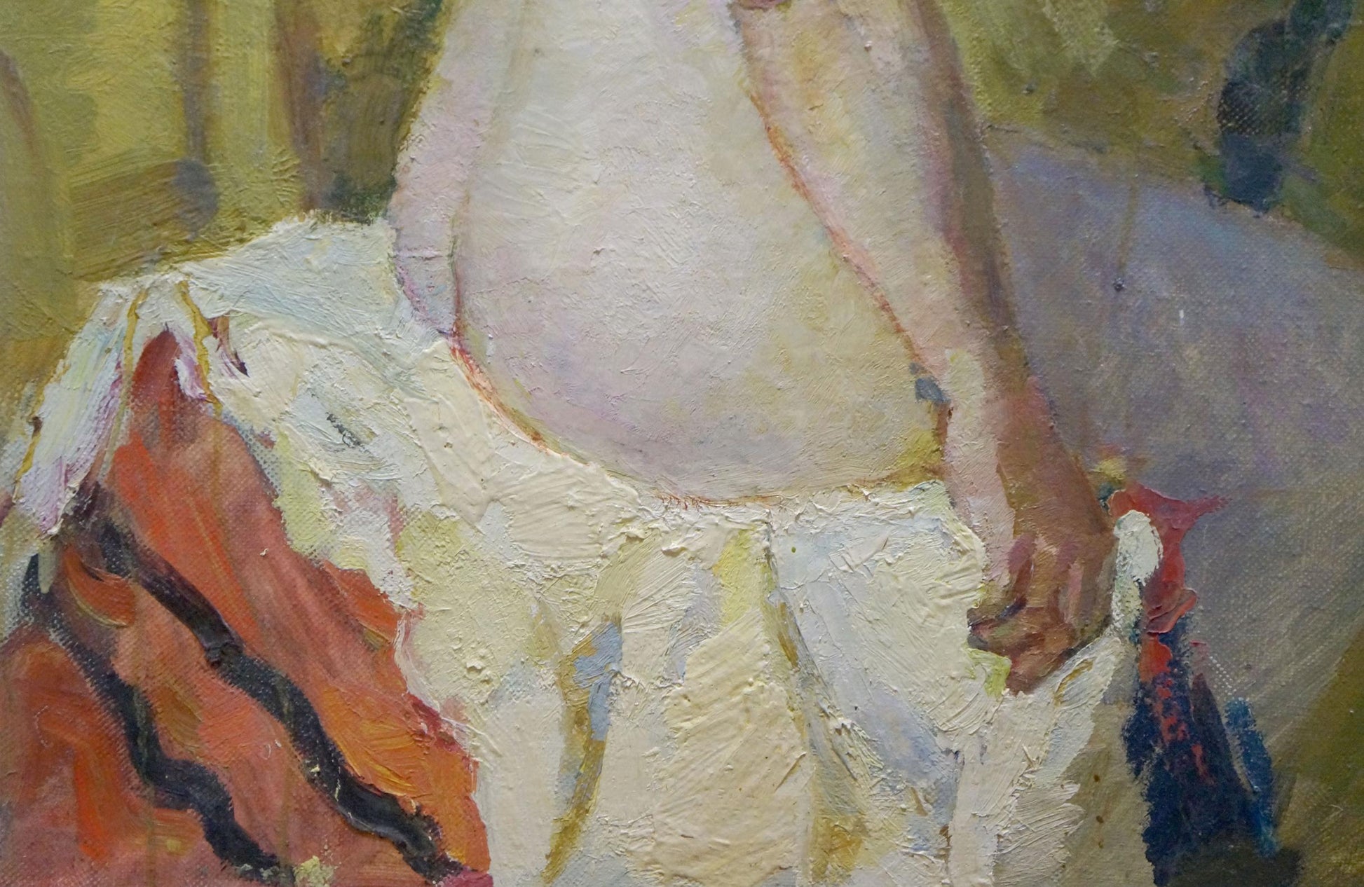 Oil painting by Maria Titarenko: textured impressionistic tender female figure in white garment