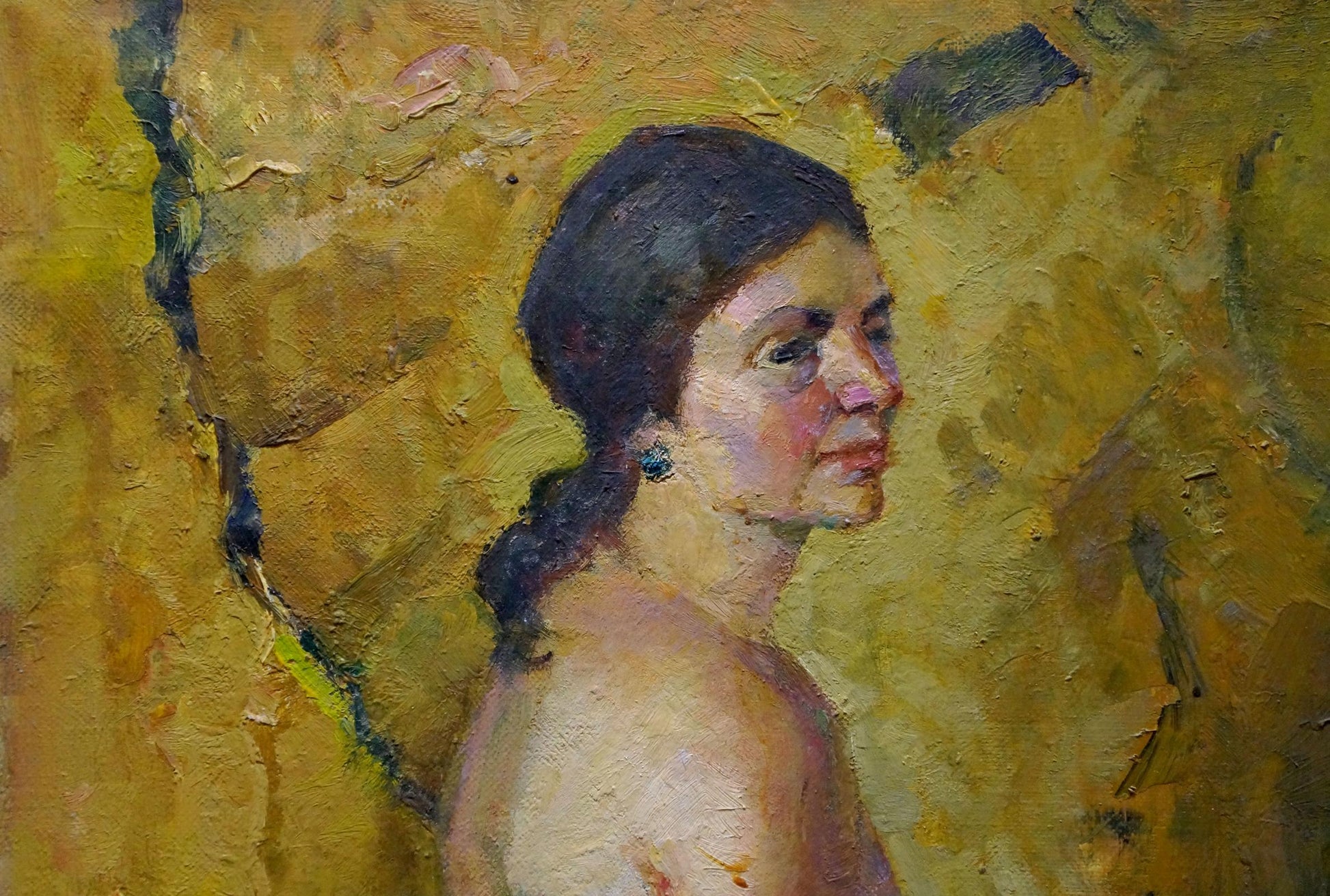 Oil painting of tender female figure with dark braided hair and teal earring by Maria Titarenko