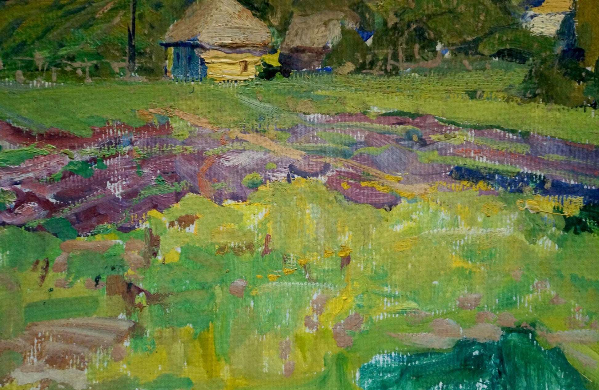 Vibrant impressionist oil painting of quiet village fields by Anatoly Fomin