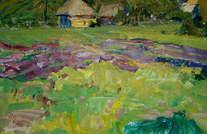 Vibrant impressionist oil painting of quiet village fields by Anatoly Fomin