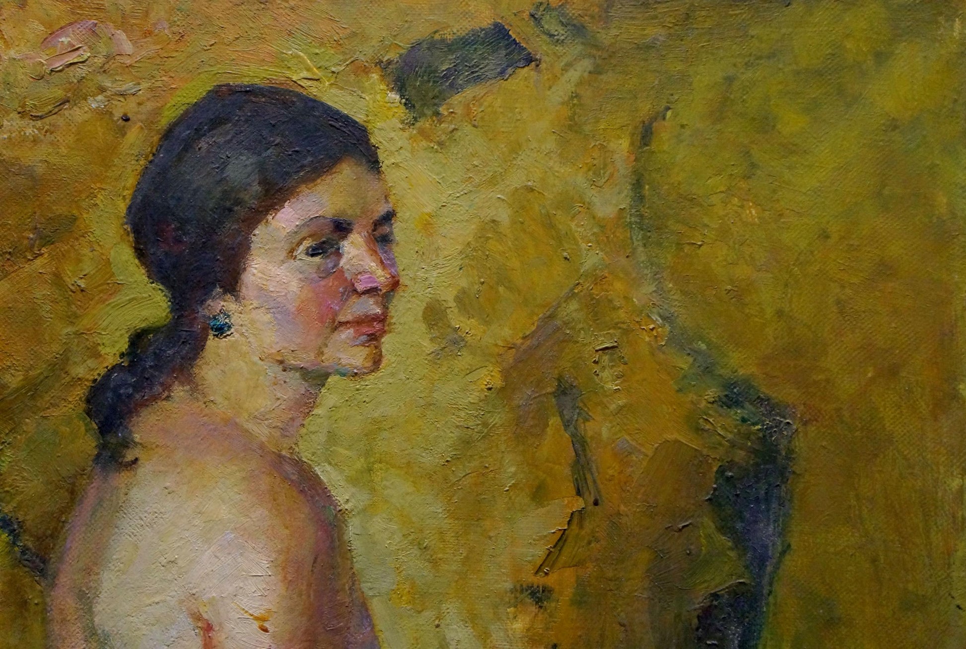 Oil painting of tender female figure by Maria Titarenko, dark ponytail, blue earrings