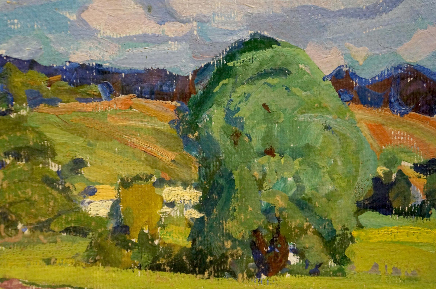 Oil painting Quiet village life by Anatoly Fomin: lush green tree in pastoral landscape