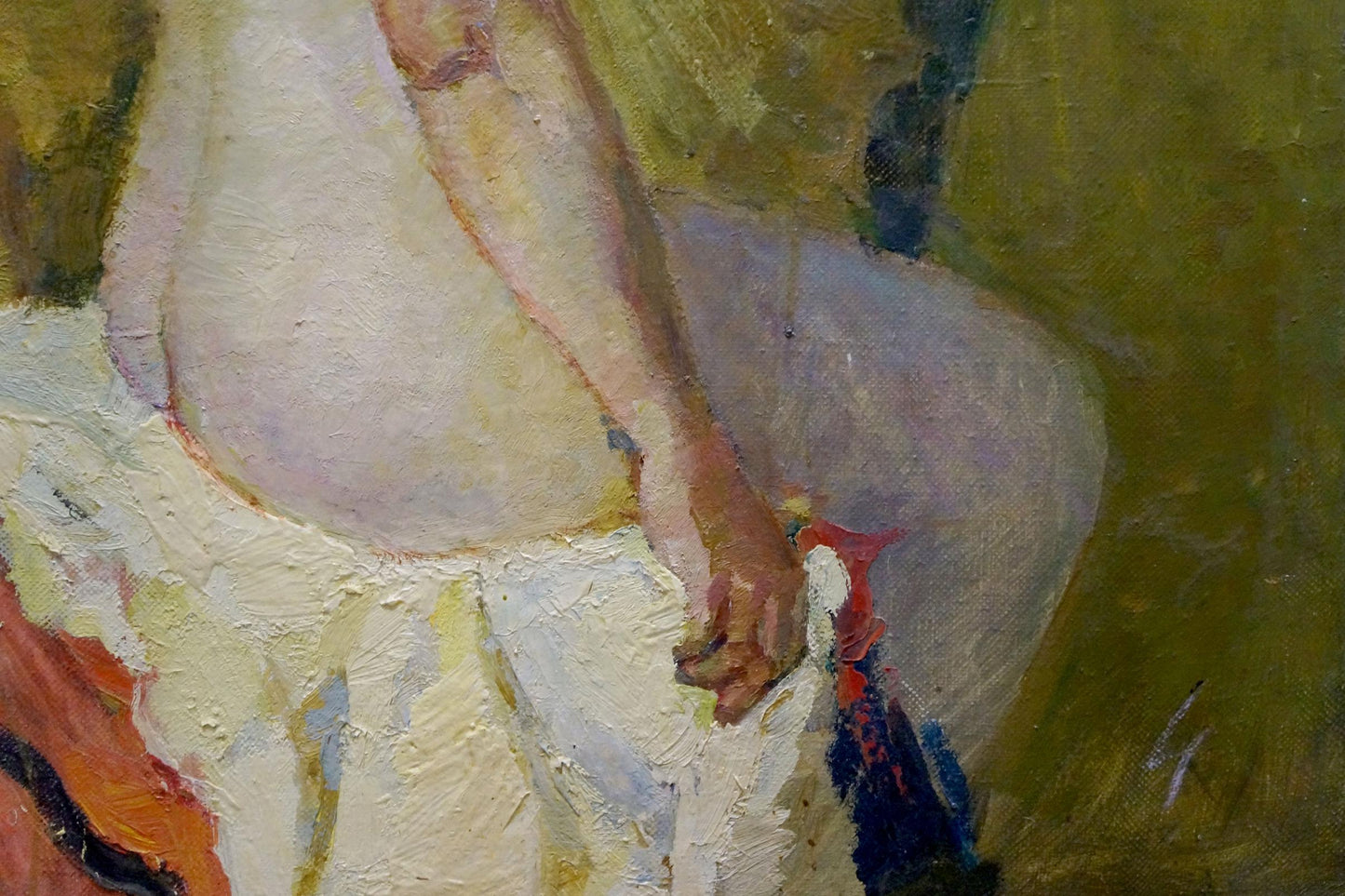 Impressionistic oil painting of female figure Maria Titarenko tenderly grasping white garment