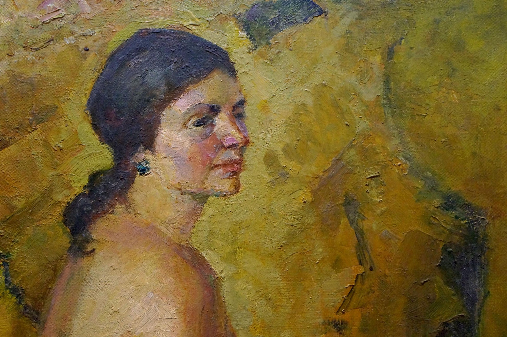Oil painting of tender female figure with dark ponytail by Maria Titarenko