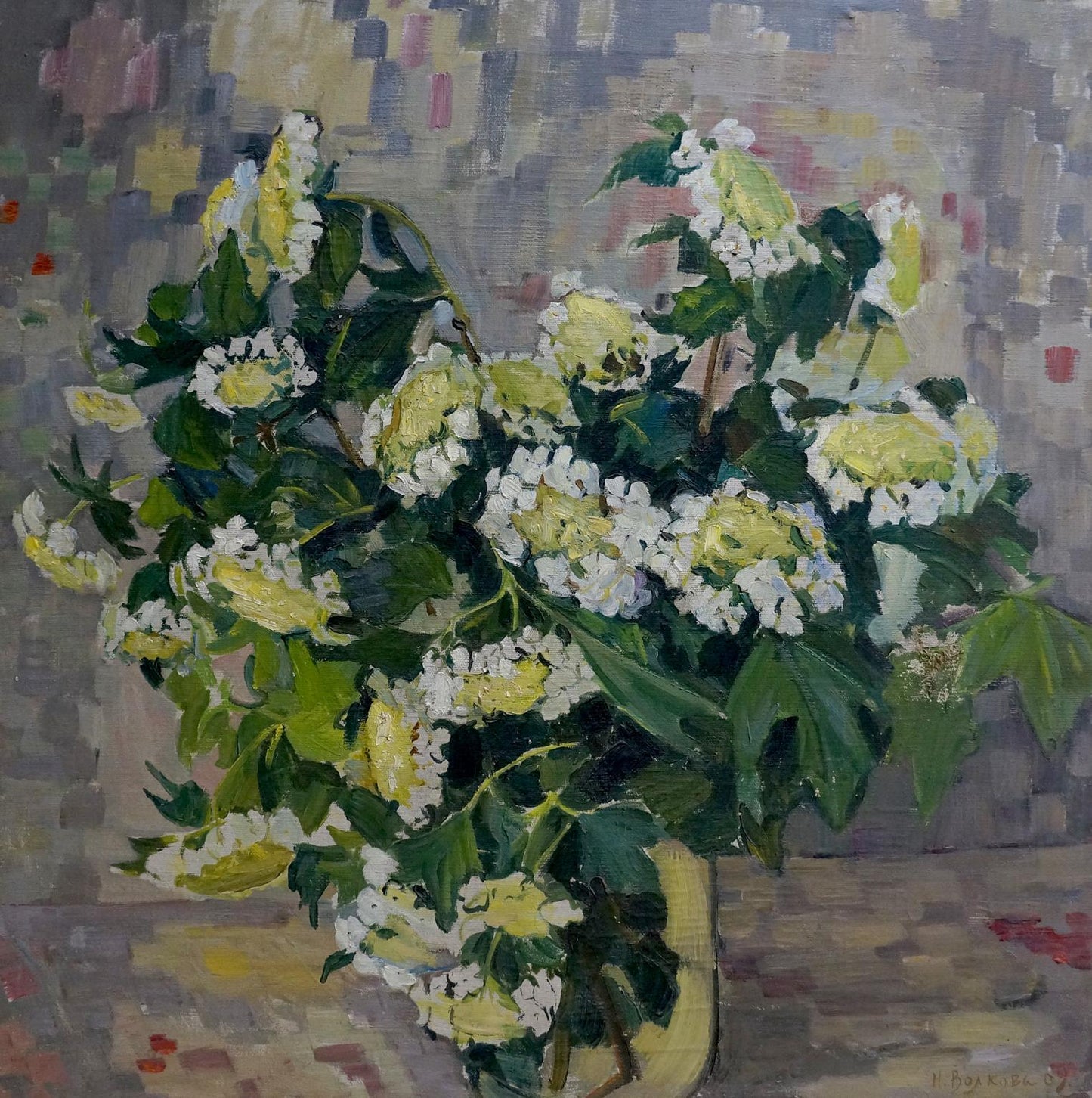Oil painting of blooming viburnum by Volkova Nina Pavlovna with hydrangeas