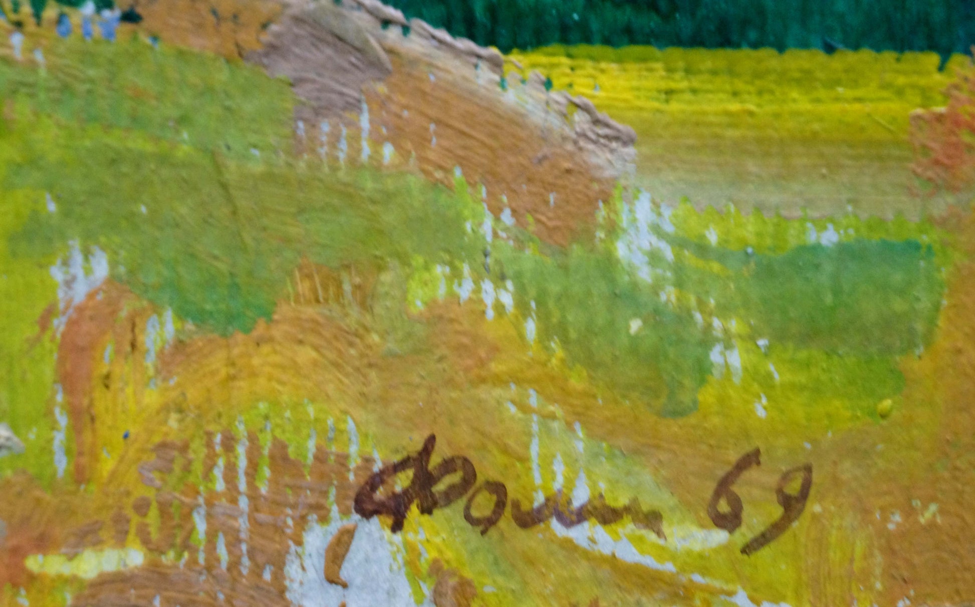 Oil painting Quiet village life by Anatoly Fomin signed f vibrant yellow field