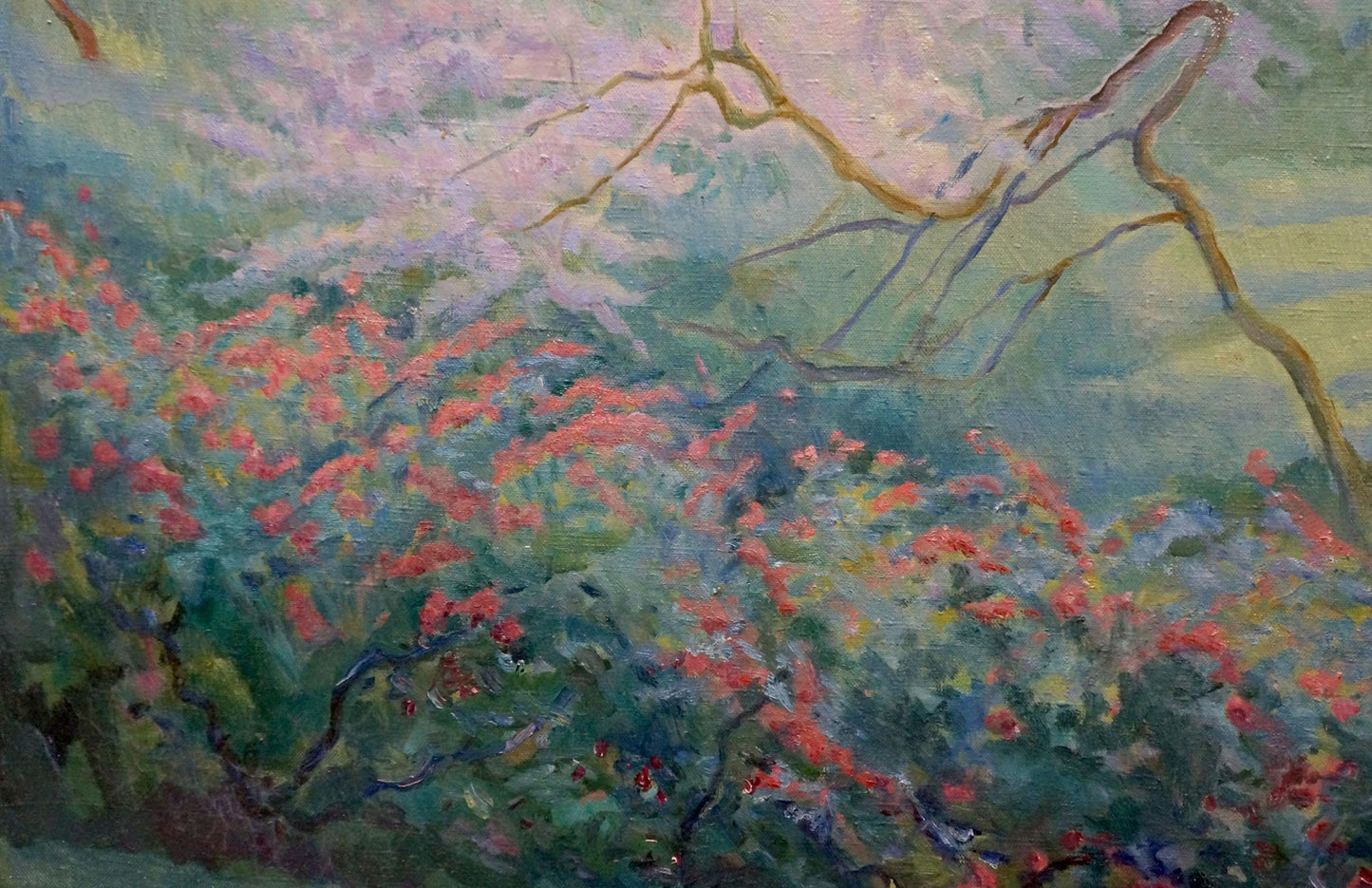 Vibrant impressionist oil painting of red tree blossoms by Titarenko Elvira Ivanovna