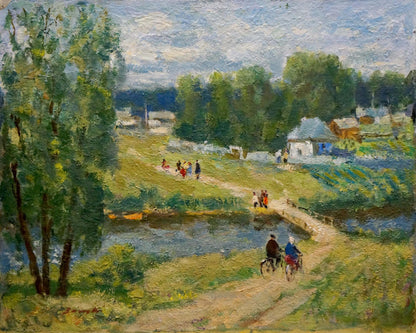 Vibrant impressionist oil painting by Vasetsky, rural landscape with river path