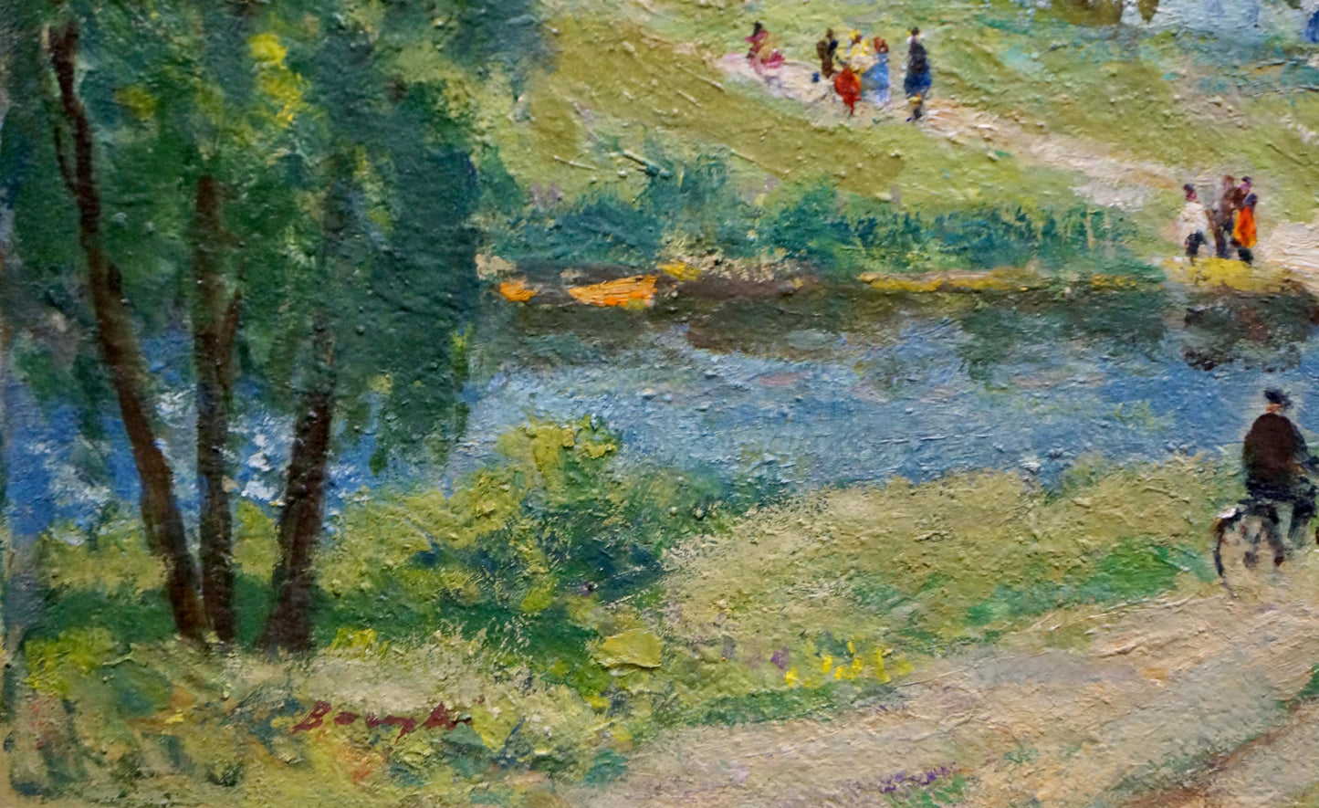 Vibrant impressionist oil painting by Vasetsky: river, trees, figures in sunlight