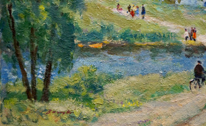 Vibrant impressionist oil painting by Vasetsky: river, trees, figures in sunlight