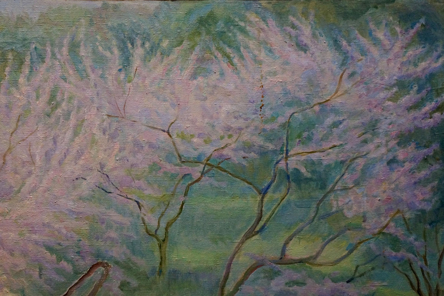 Impressionistic oil painting of pink lavender tree blossoms by Titarenko Elvira Ivanovna