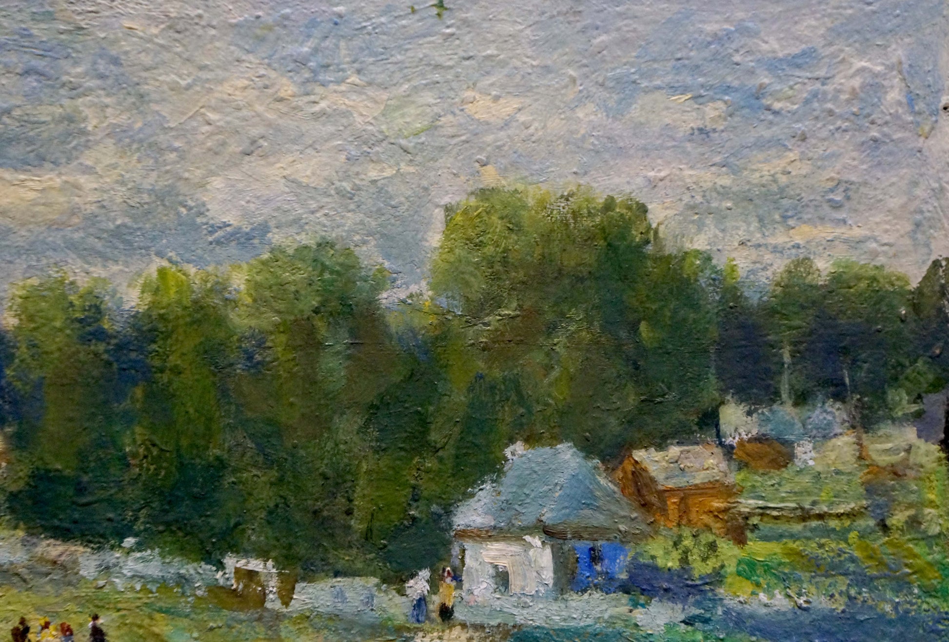 Textured impressionist oil painting by Vasetsky of rural scene with trees and houses