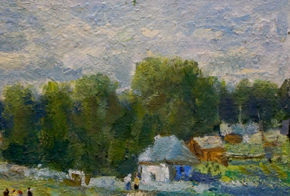 Textured impressionist oil painting by Vasetsky of rural scene with trees and houses