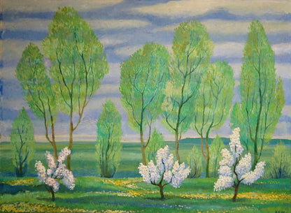 Oil painting Green landscape by Daniil Georgievich Narbut serene trees blossoms
