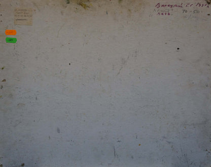 Back of Summer Vasetsky oil painting: weathered off-white wall with stains and markings