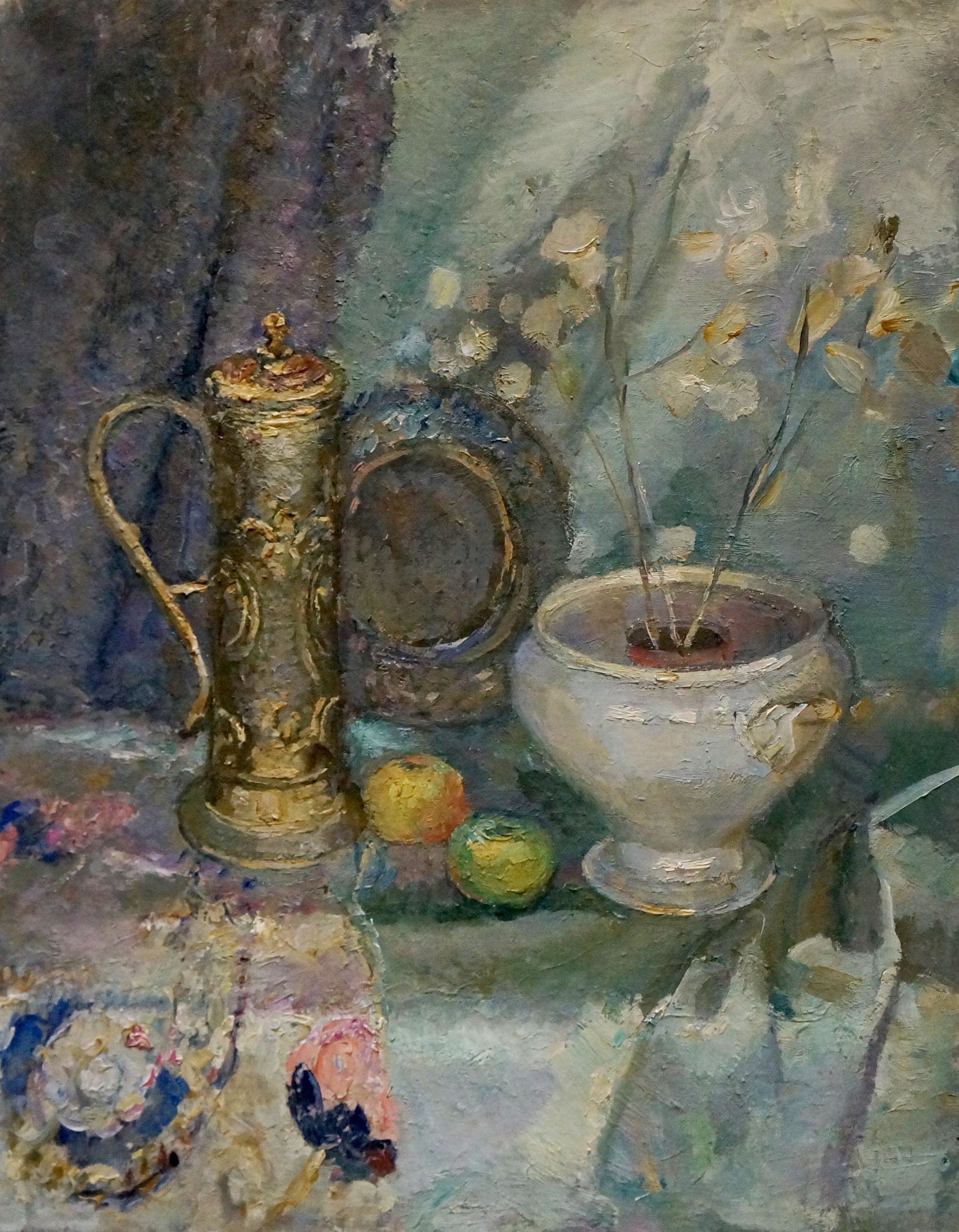 Oil painting by Titarenko Maria Anatolyevna: golden ornate pitcher beside white bowl with branches