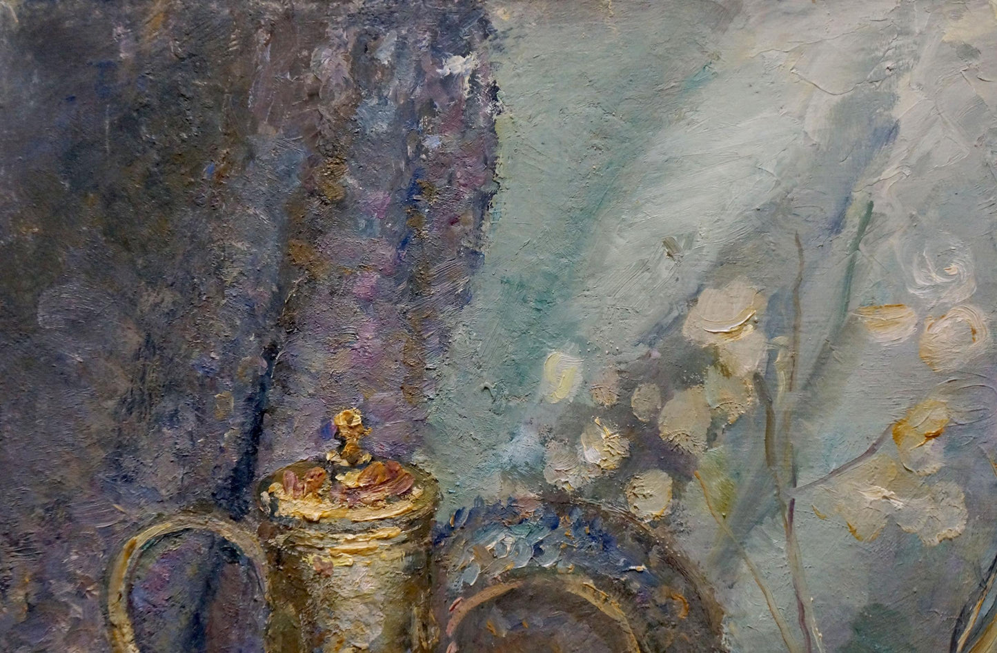 Golden-brown ceramic mug with lid in Titarenko Maria Anatolyevna oil painting still life