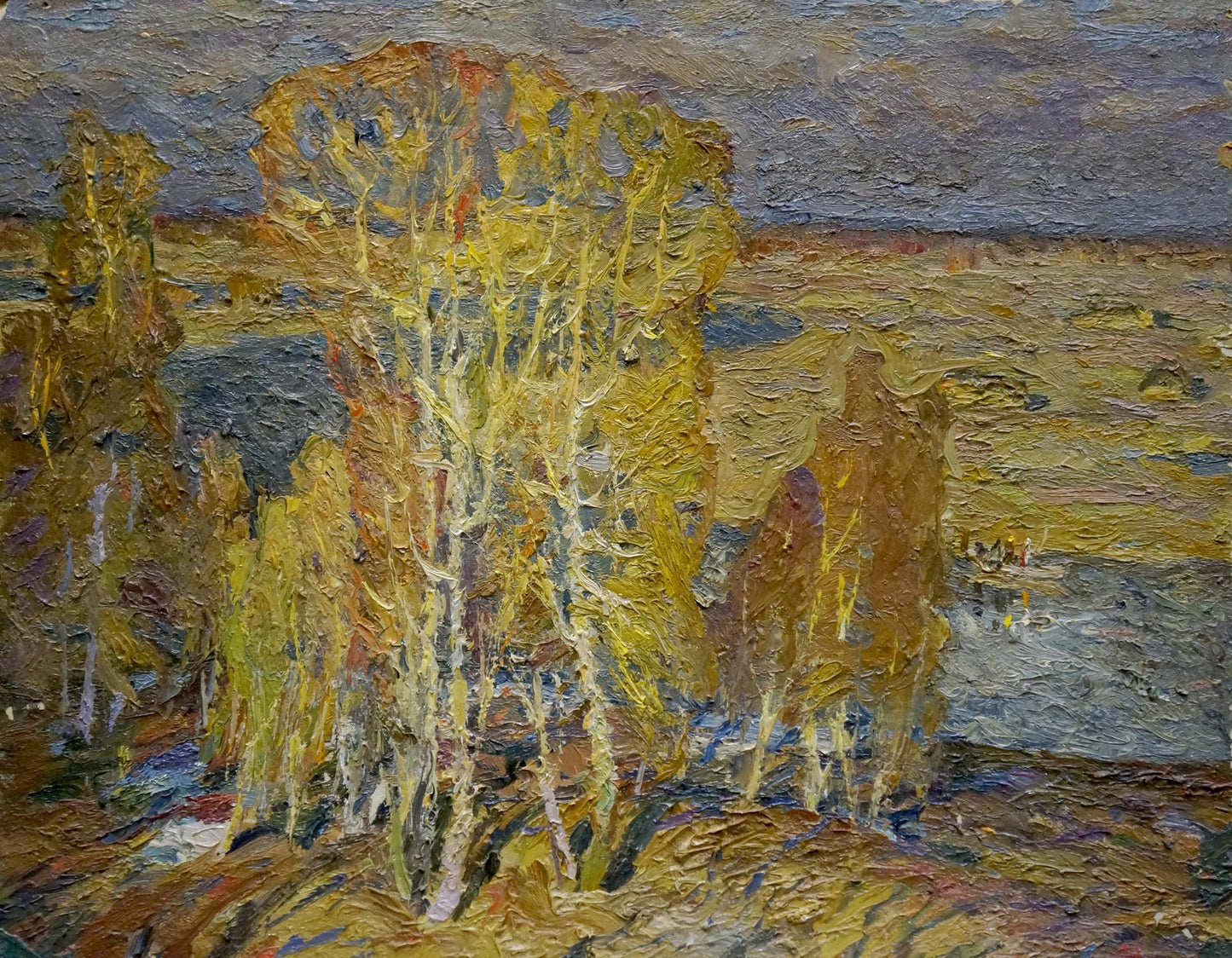 Impressionistic oil painting of autumn forest by river by Grigory Ruban