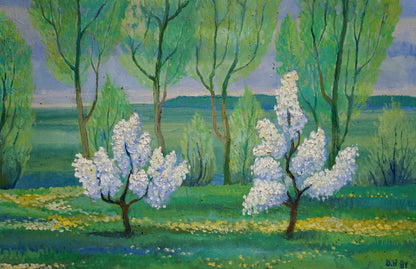 Oil painting of white blossoming trees in green field by Daniil Georgievich Narbut