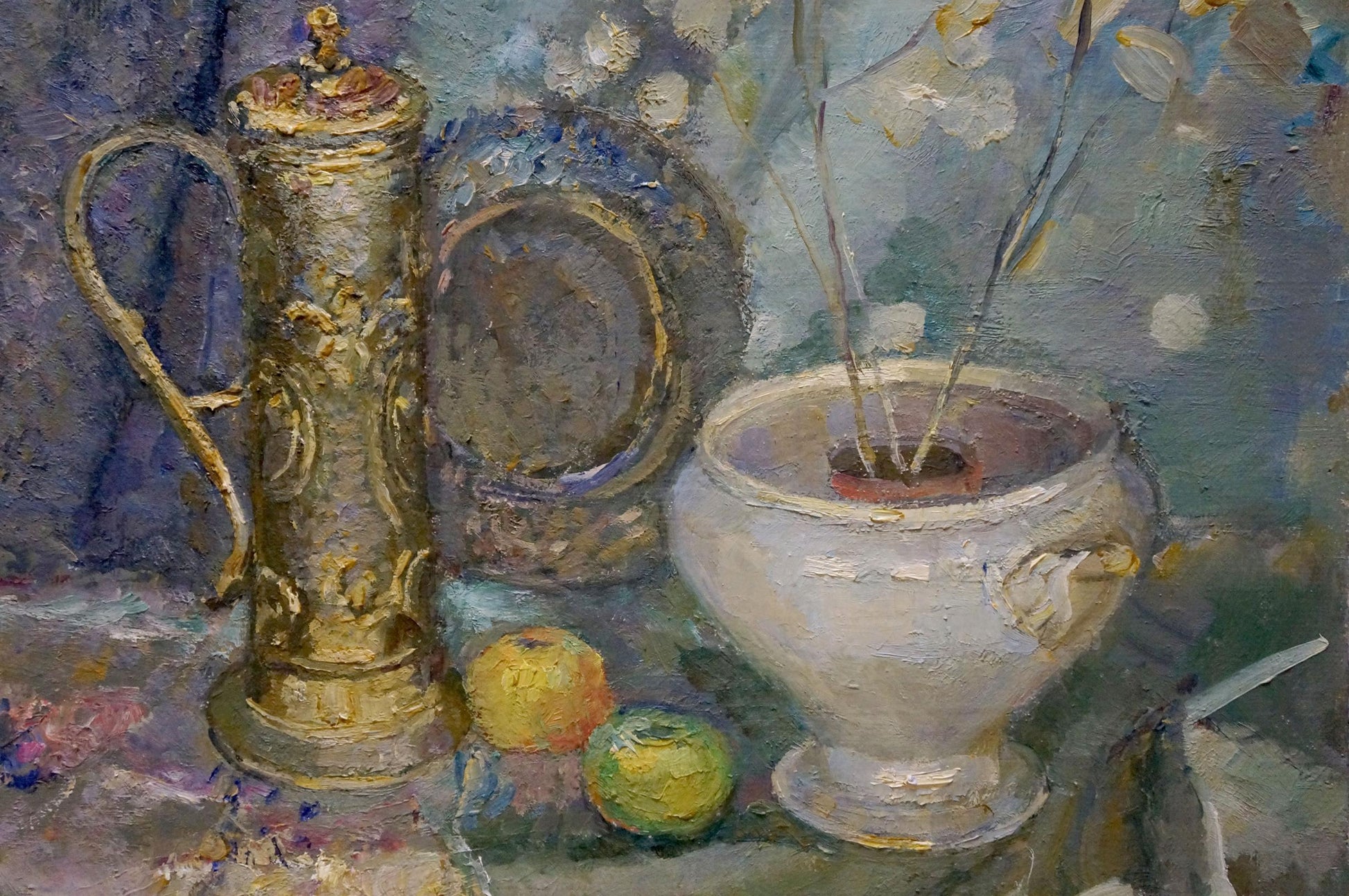 Oil painting by Titarenko Maria Anatolyevna: ornate golden pitcher beside white vase