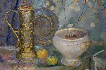 Oil painting by Titarenko Maria Anatolyevna: ornate golden pitcher beside white vase