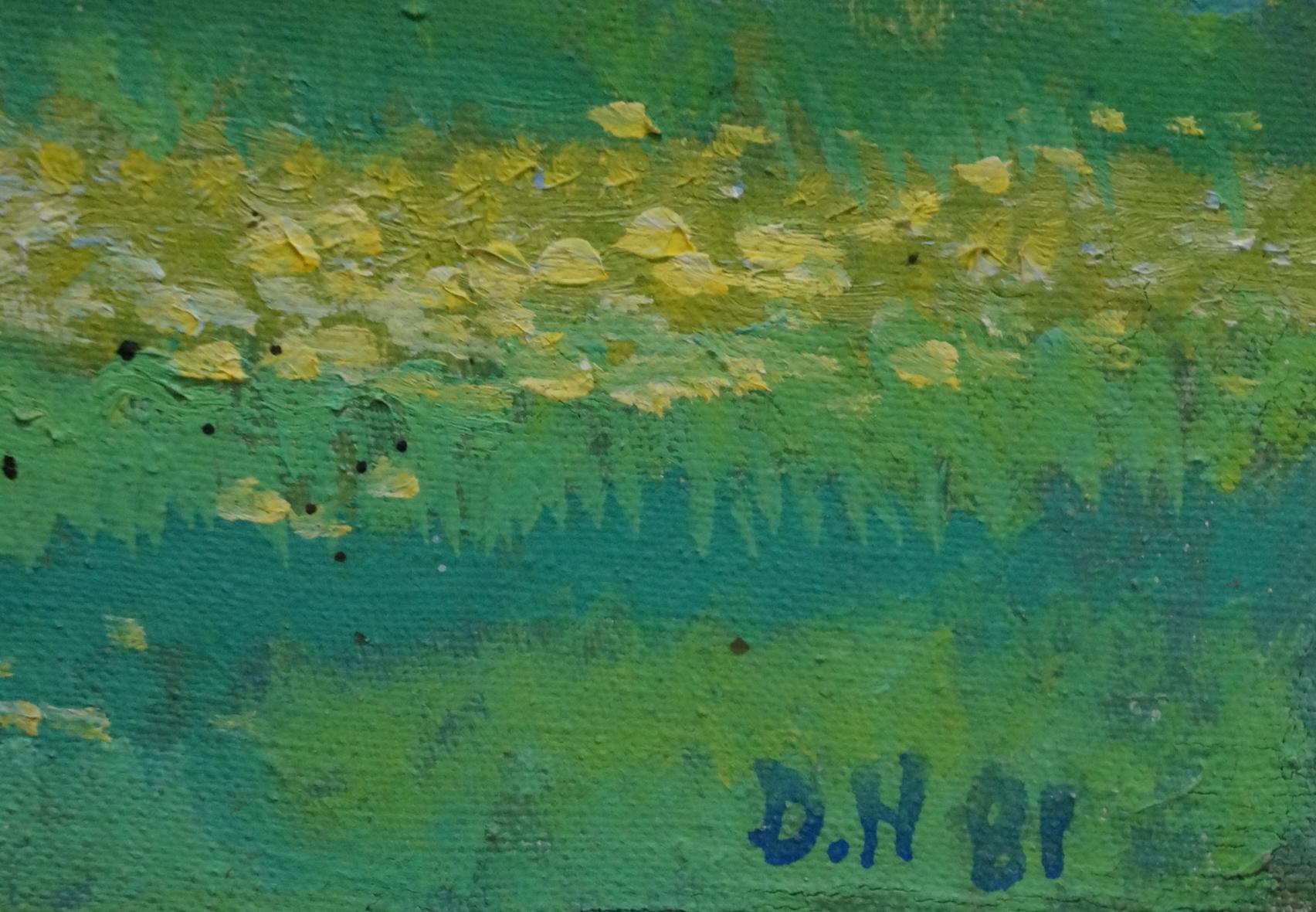 Oil painting of yellow flowers field on green teal landscape by Daniil Georgievich Narbut