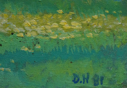 Oil painting of yellow flowers field on green teal landscape by Daniil Georgievich Narbut