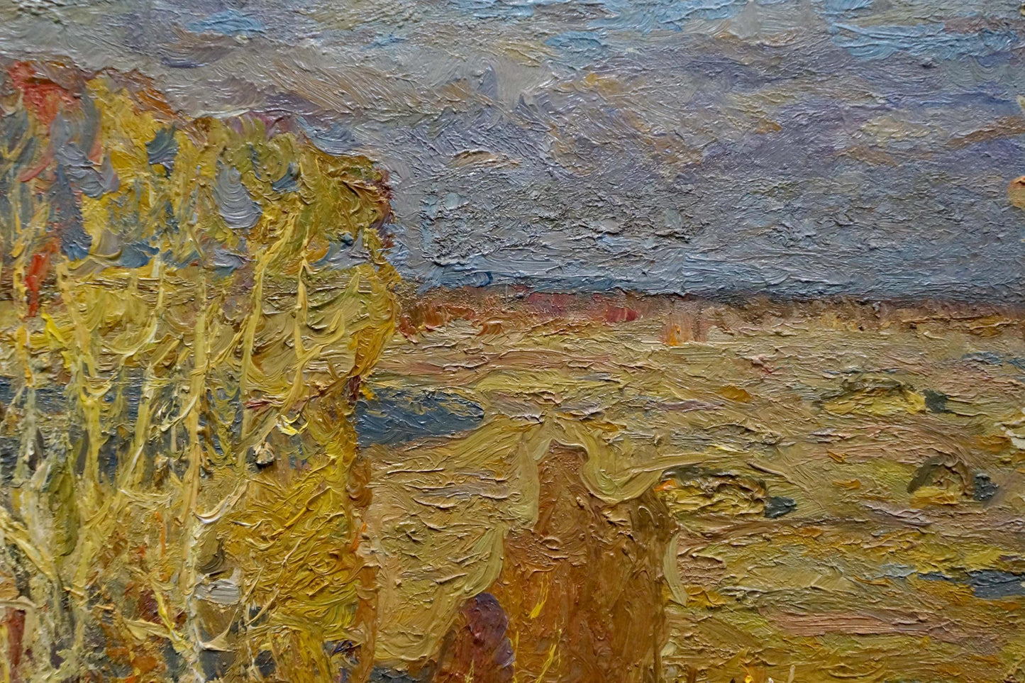 Oil painting Autumn forest by the river Grigory Ruban impasto textures