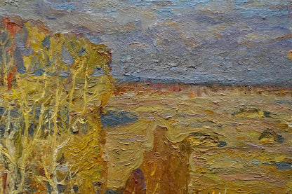 Oil painting Autumn forest by the river Grigory Ruban impasto textures