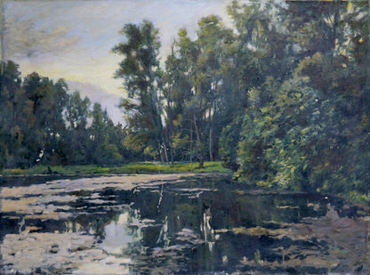 Serene oil painting of swamps in forest pond by unknown artist